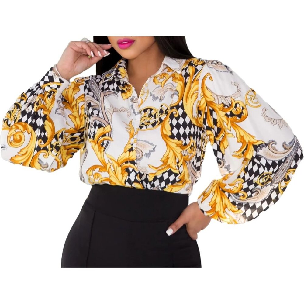 Women White Yellow Button Down Shirts Colorful Long Sleeve Floral Print Top